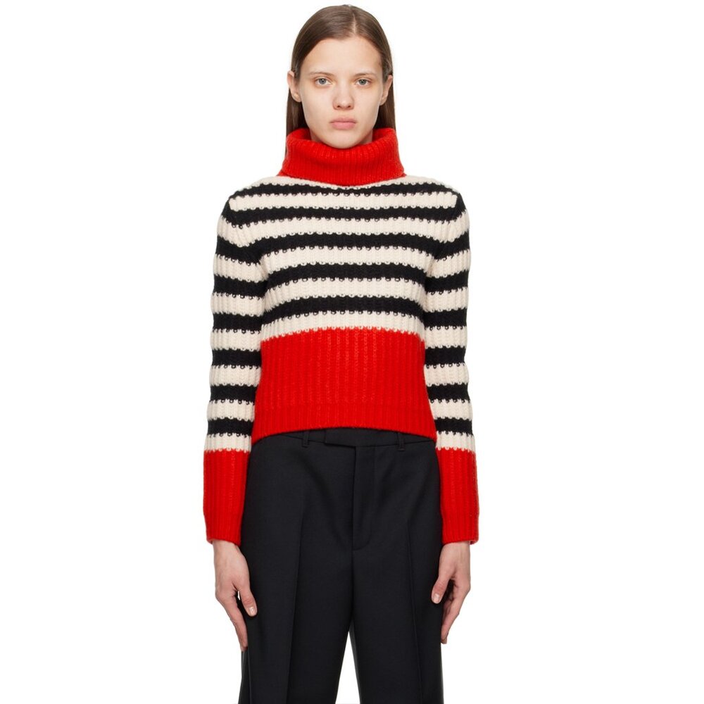 GUCCI SWEATER STRIPED TURTLENECK RED WHITE BLACK WOOL w G LOGO